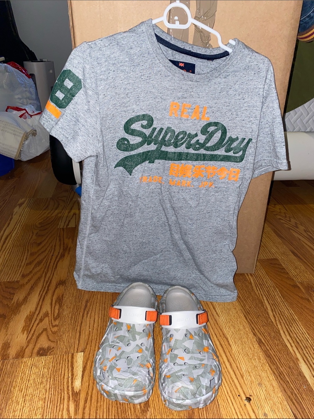2 pieces Superdry Heather Gray Tee with Green Script and Orange Accents & Crocs